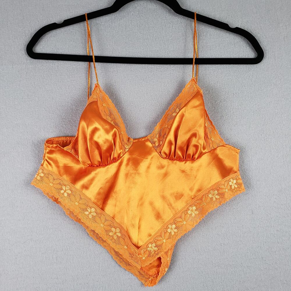 Nasty Gal Size 8 Satin‎ Triangle Crop Top Orange Daisy Lace Y2K Dopamine Fairy